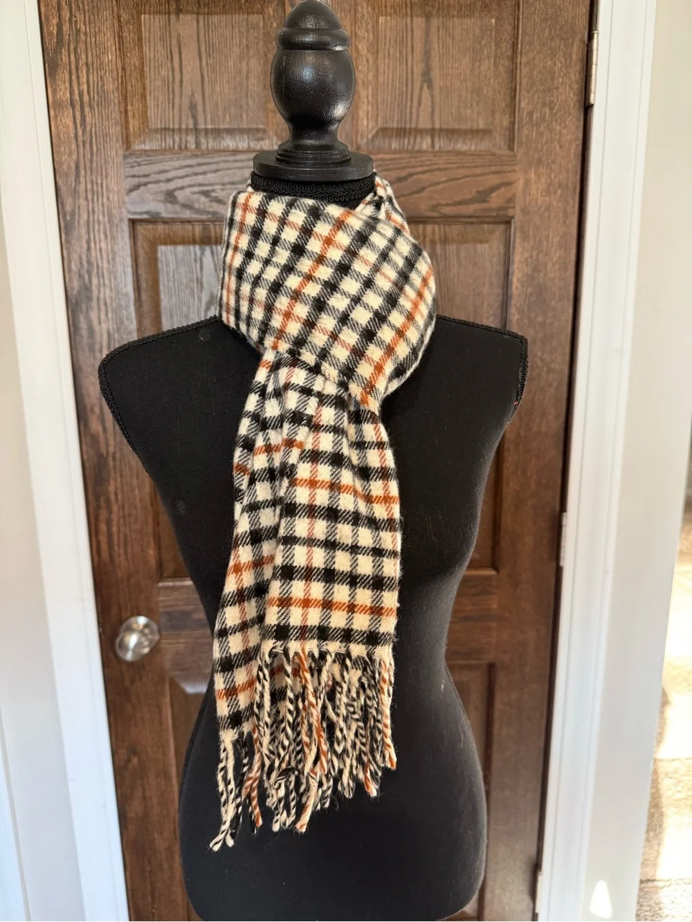Cream Plaid Fringe Scarf with Black and Rust Check Wool Cashmere